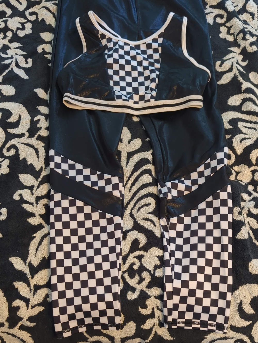 Black & White Checkerboard Athletic Streetwear Set - Crop Top + Leggings